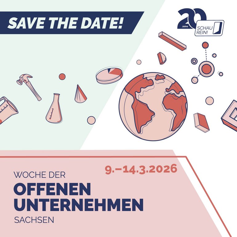 Illustration zur Aktion „SCHAU REIN! – Woche der offenen Unternehmen Sachsen“. Zu sehen sind Werkzeuge, Laborgeräte und technische Symbole sowie eine stilisierte Weltkugel. Der Text „Save the Date!“ und der Zeitraum „9.–14.03.2026“ sind hervorgehoben. Oben rechts ist das Logo „20 Jahre SCHAU REIN!“ zu sehen.