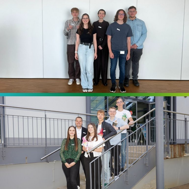 Gruppenfoto der neuen Auszubildenden und Studierenden bei kubus IT im Ausbildungsjahr 2025: Eine Gruppe steht in einem Raum, eine weitere draußen vor dem Firmengebäude.