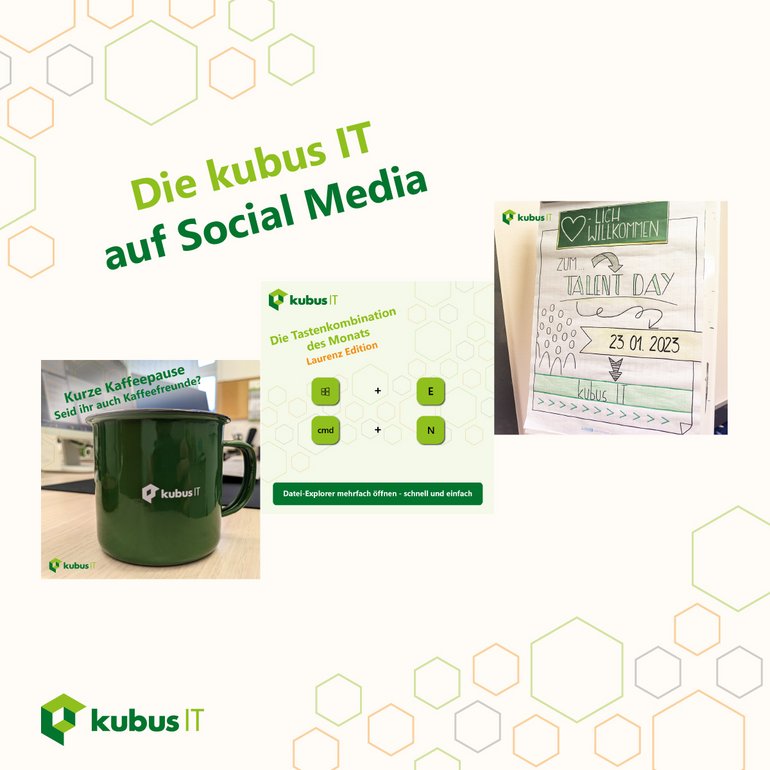 3 Vorschaubilder von Social Media Posts sind auf einem dekorativen Hintergrund dargestellt