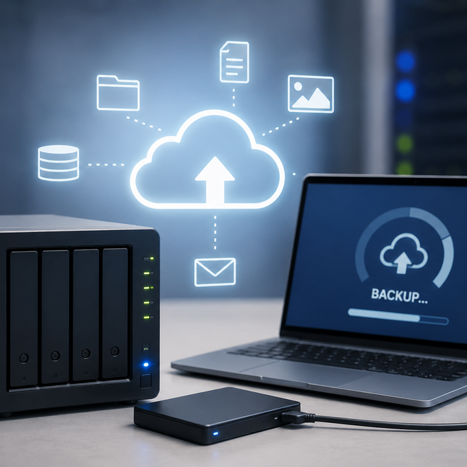 Modernes NAS-Speichersystem, externer Datenträger und Laptop mit Backup-Anzeige auf einem Schreibtisch. Darüber symbolisieren Cloud- und Datensymbole die Speicherung und Sicherung von Daten in einer modernen IT-Umgebung. Das Bild zeigt eine moderne IT-Arbeitsumgebung mit Fokus auf Datenspeicherung und Datensicherung. Im Vordergrund befindet sich ein NAS-System (Network Attached Storage) mit mehreren Laufwerksschächten. Daneben liegen ein externer Datenträger und ein geöffneter Laptop, auf dessen Bildschirm ein laufender Backup-Vorgang dargestellt ist. Über den Geräten sind grafische Symbole für Cloud-Speicher, Datenbanken, Dateien und digitale Kommunikation eingeblendet. Der Hintergrund erinnert an einen Serverraum mit unscharf dargestellten IT-Systemen und vermittelt eine professionelle Rechenzentrums-Atmosphäre. Das Bild visualisiert die Themen Storage, Backup, Datensicherheit und moderne Speicherlösungen.