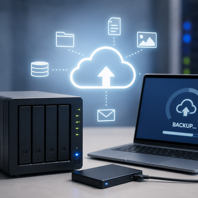 Das Bild zeigt eine moderne IT-Arbeitsumgebung mit Fokus auf Datenspeicherung und Datensicherung. Im Vordergrund befindet sich ein NAS-System (Network Attached Storage) mit mehreren Laufwerksschächten. Daneben liegen ein externer Datenträger und ein geöffneter Laptop, auf dessen Bildschirm ein laufender Backup-Vorgang dargestellt ist. Über den Geräten sind grafische Symbole für Cloud-Speicher, Datenbanken, Dateien und digitale Kommunikation eingeblendet. Der Hintergrund erinnert an einen Serverraum mit unscharf dargestellten IT-Systemen und vermittelt eine professionelle Rechenzentrums-Atmosphäre. Das Bild visualisiert die Themen Storage, Backup, Datensicherheit und moderne Speicherlösungen.