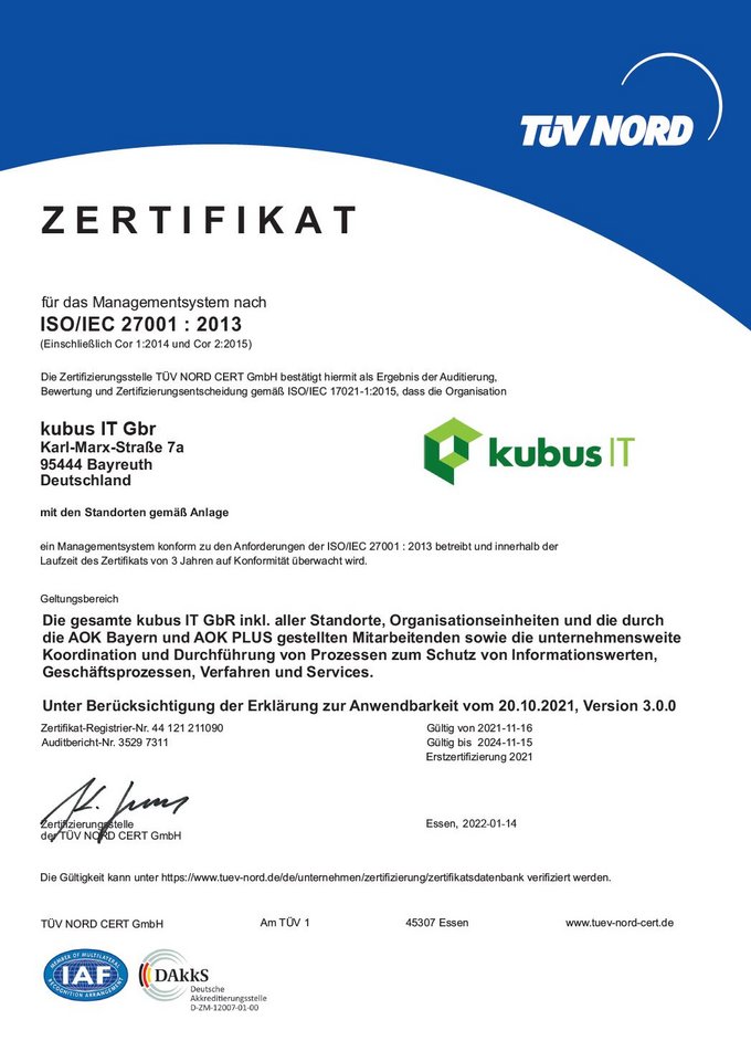 Bild unseres TÜV Zertifikats für das Management-System
