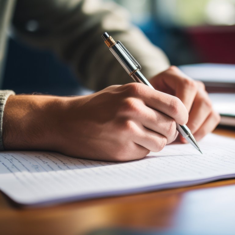 Eine Hand hält einen Stift über einem Heft