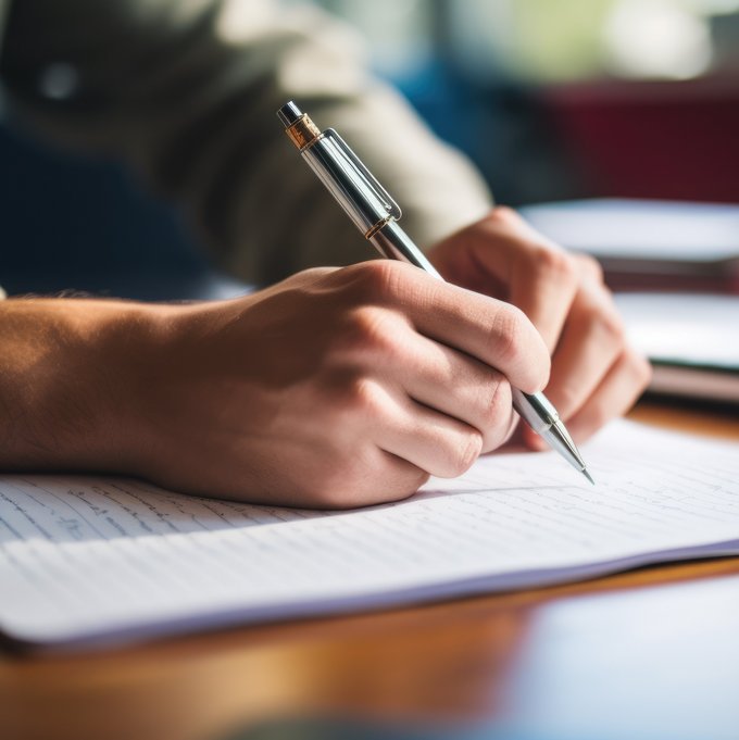 Eine Hand hält einen Stift über einem Heft Eine Hand hält einen Stift über einem Heft