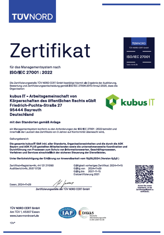 Bild unseres TÜV Zertifikats für das Management-System