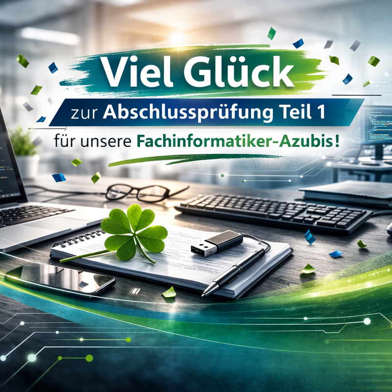 Modernes Banner in Grün- und Blautönen mit der Aufschrift „Viel Glück zur Abschlussprüfung Teil 1 für unsere Fachinformatiker-Azubis“. Im Vordergrund ein aufgeräumter Arbeitsplatz mit Laptop, Code auf dem Bildschirm, Notizbuch, USB-Stick und vierblättrigem Kleeblatt. Im Hintergrund unscharfes Büro ohne erkennbare Gesichter.  